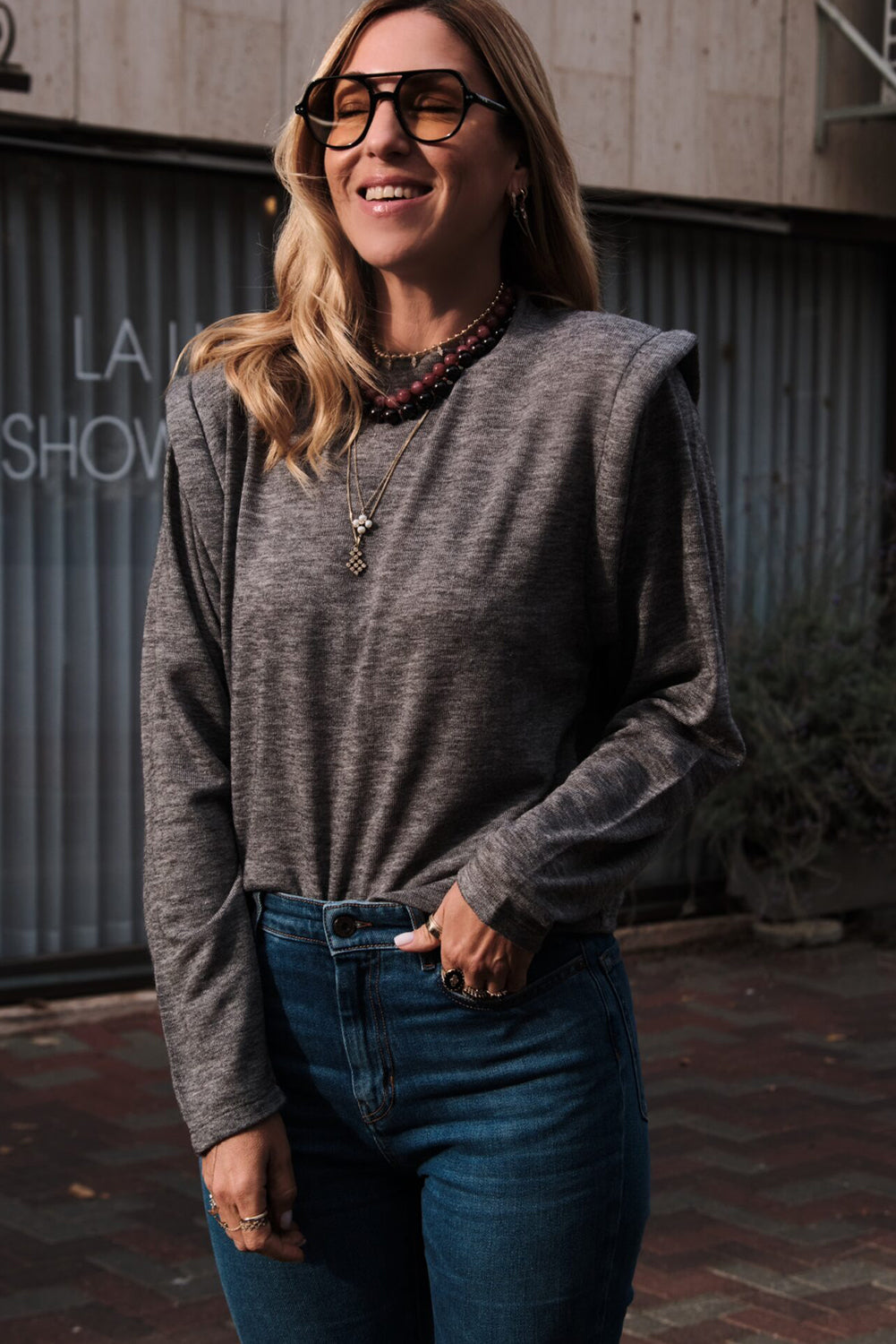 Gray Solid Color Faux Two Piece Patchwork Long Sleeve Top