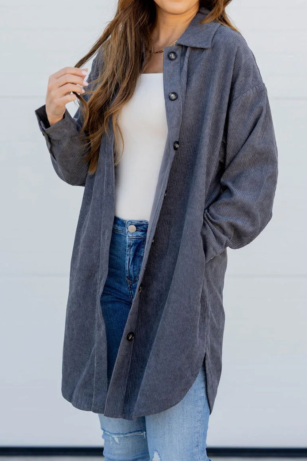 Dirty blue Corduroy Side Slit Oversize Shacket