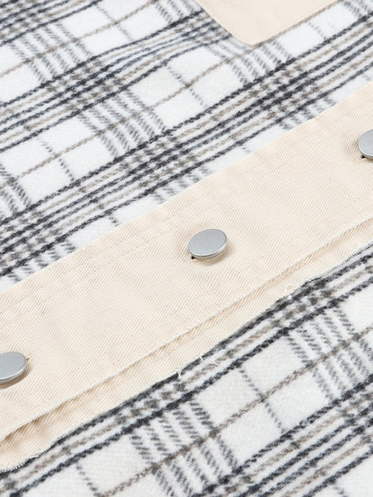 Khaki Plaid Patchwork Denim Shacket - Distressed Edges