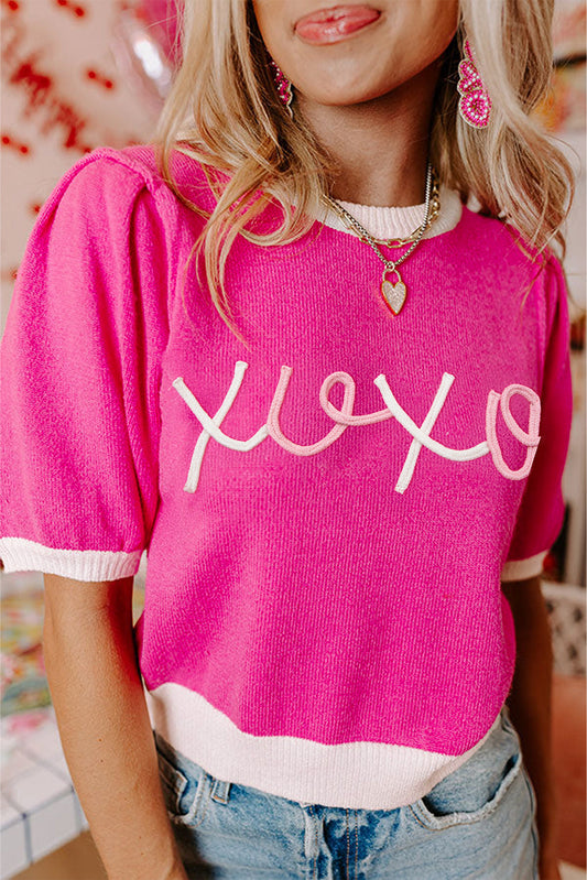 Bright Pink XOXO Tinsel Graphic Valentines Contrast Trim Crew Neck Short Puff Sleeve Sweater Tee