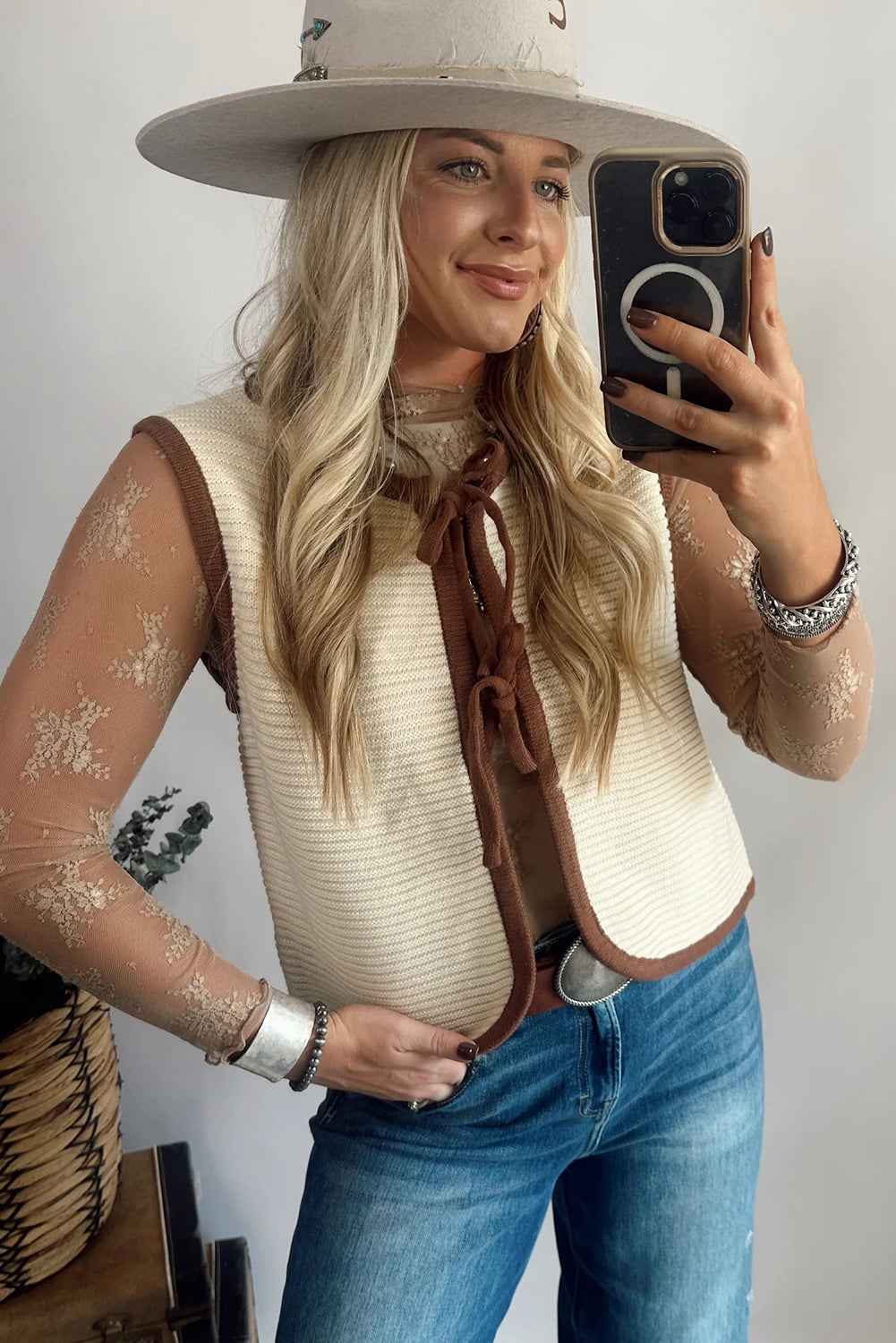 White Horizontal Ribbed Knit Contrast Trim Knot Front Sweater Vest