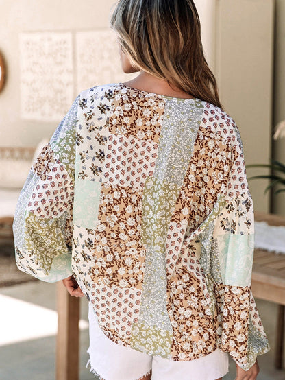 Floral Patchwork Print V-Neck Long Sleeve Blouse