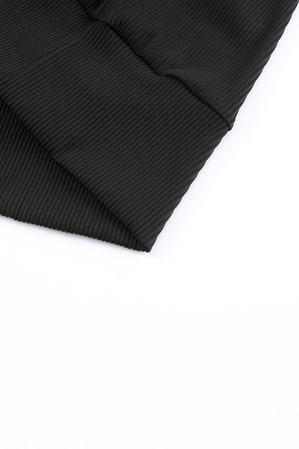 Elegant Black V Neck Lace Trim Ribbed Top with Long Sleeves