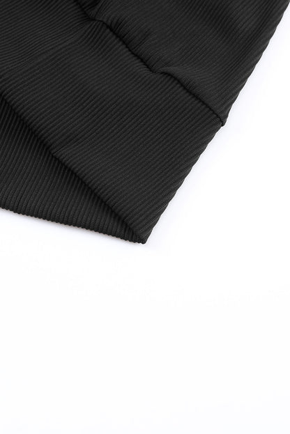 Elegant Black V Neck Lace Trim Ribbed Top with Long Sleeves