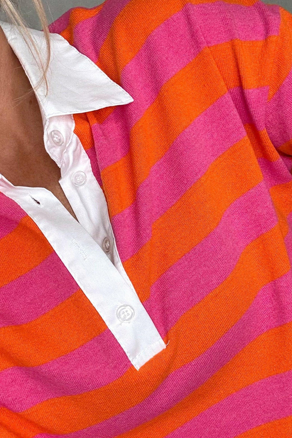 Rose Stripe Contrast Shirt Collar Patchwork Long Sleeve Top