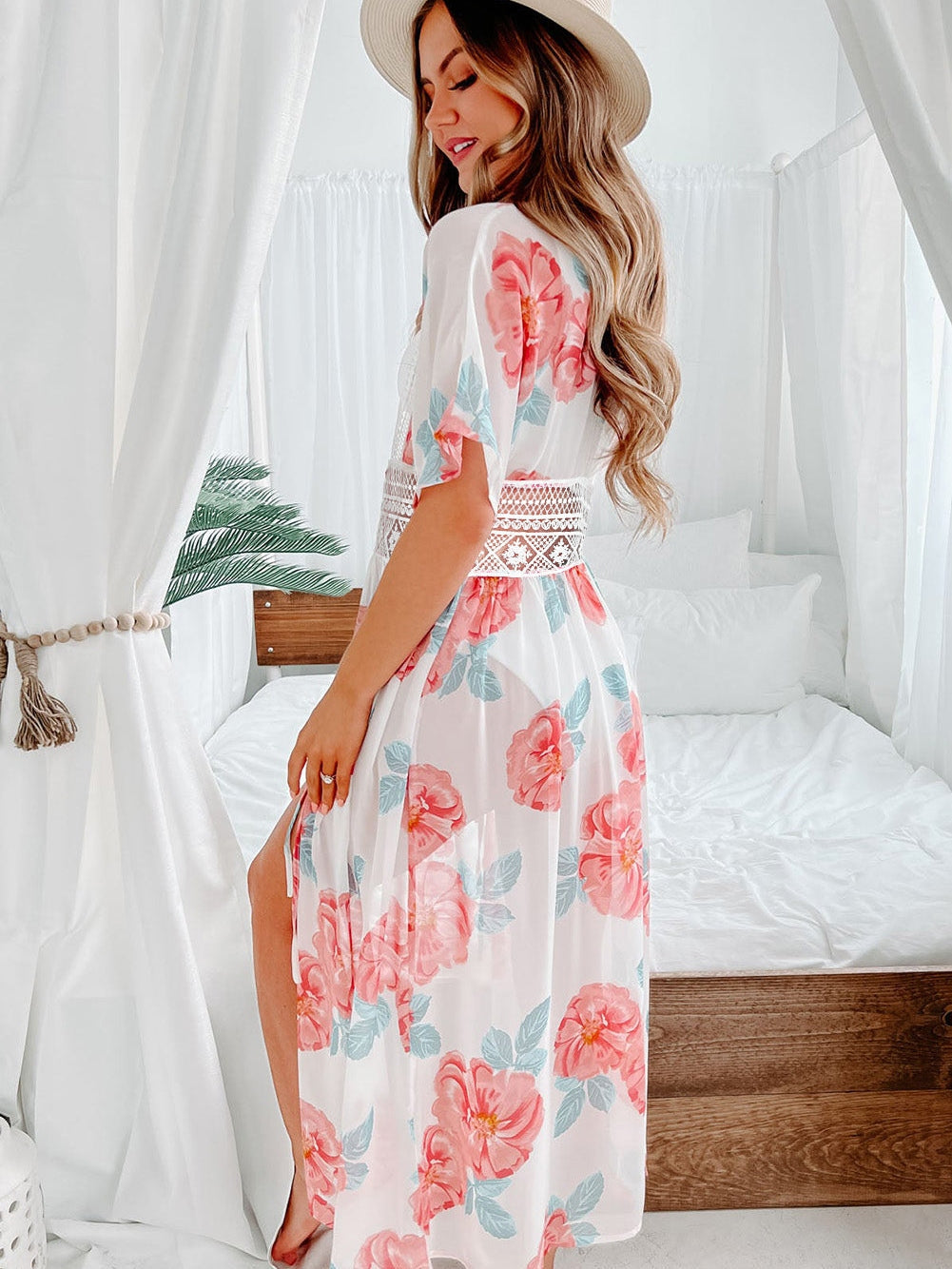 Floral Lace Patchwork White Beach Cover Up with Front Knot