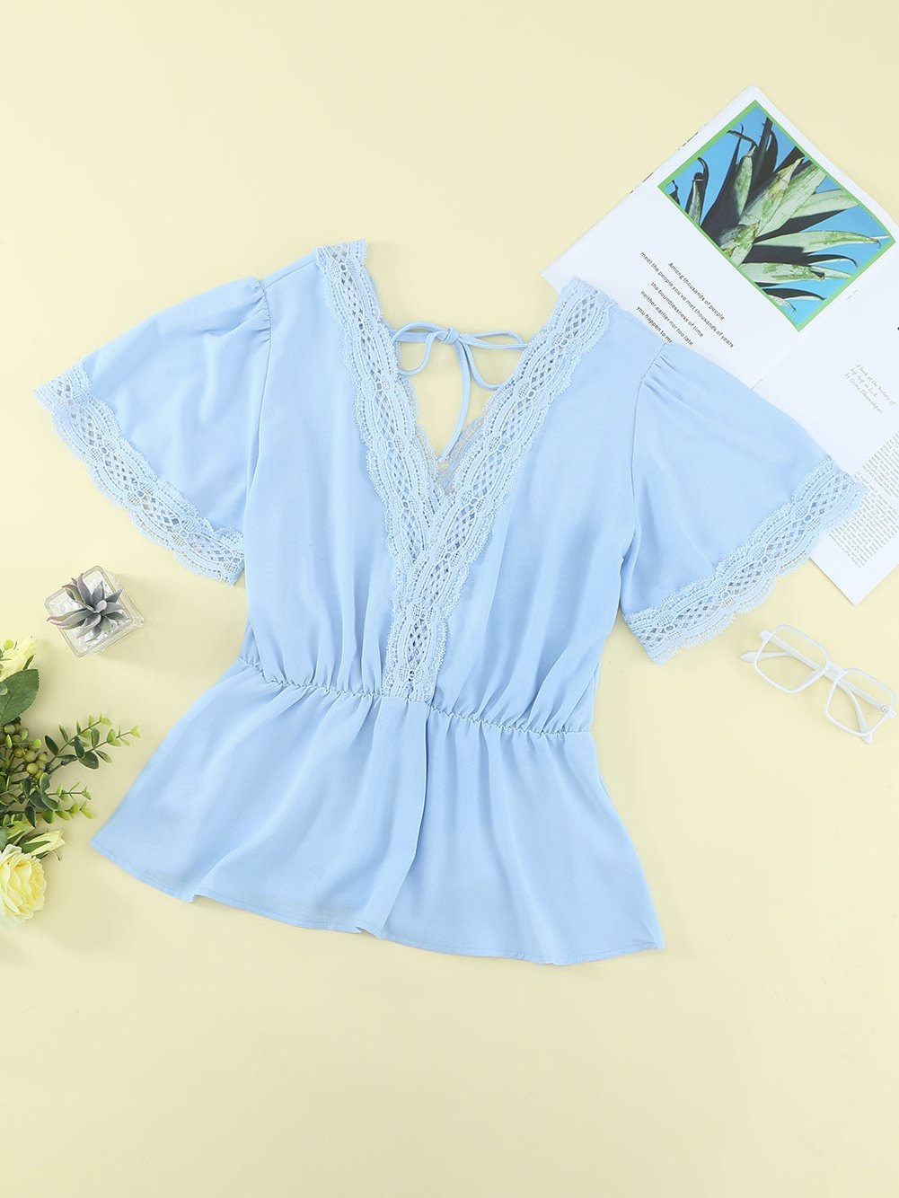 Elegant Sky Blue V Neck Lace Detail Blouse