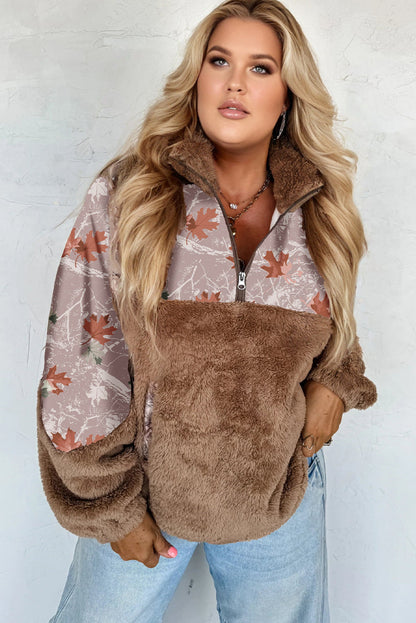 Coffee Leaves Camo Print Fleece Patchwork Zipped Collar Plus Size Sweatshirt