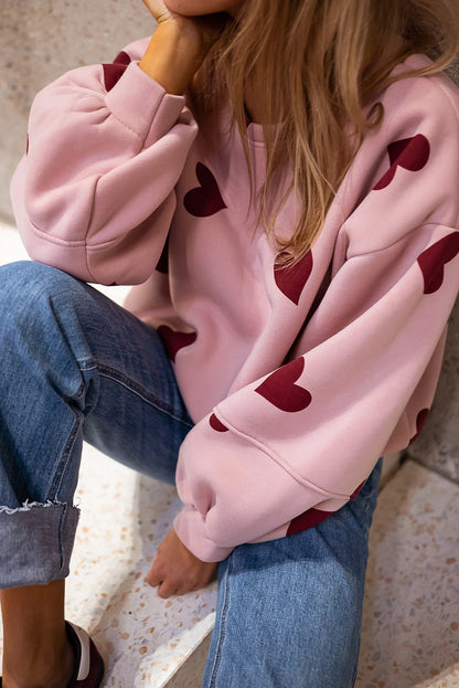 Pink Sweat Heart Print Patchwork Puff Sleeve Oversize Sweatshirt