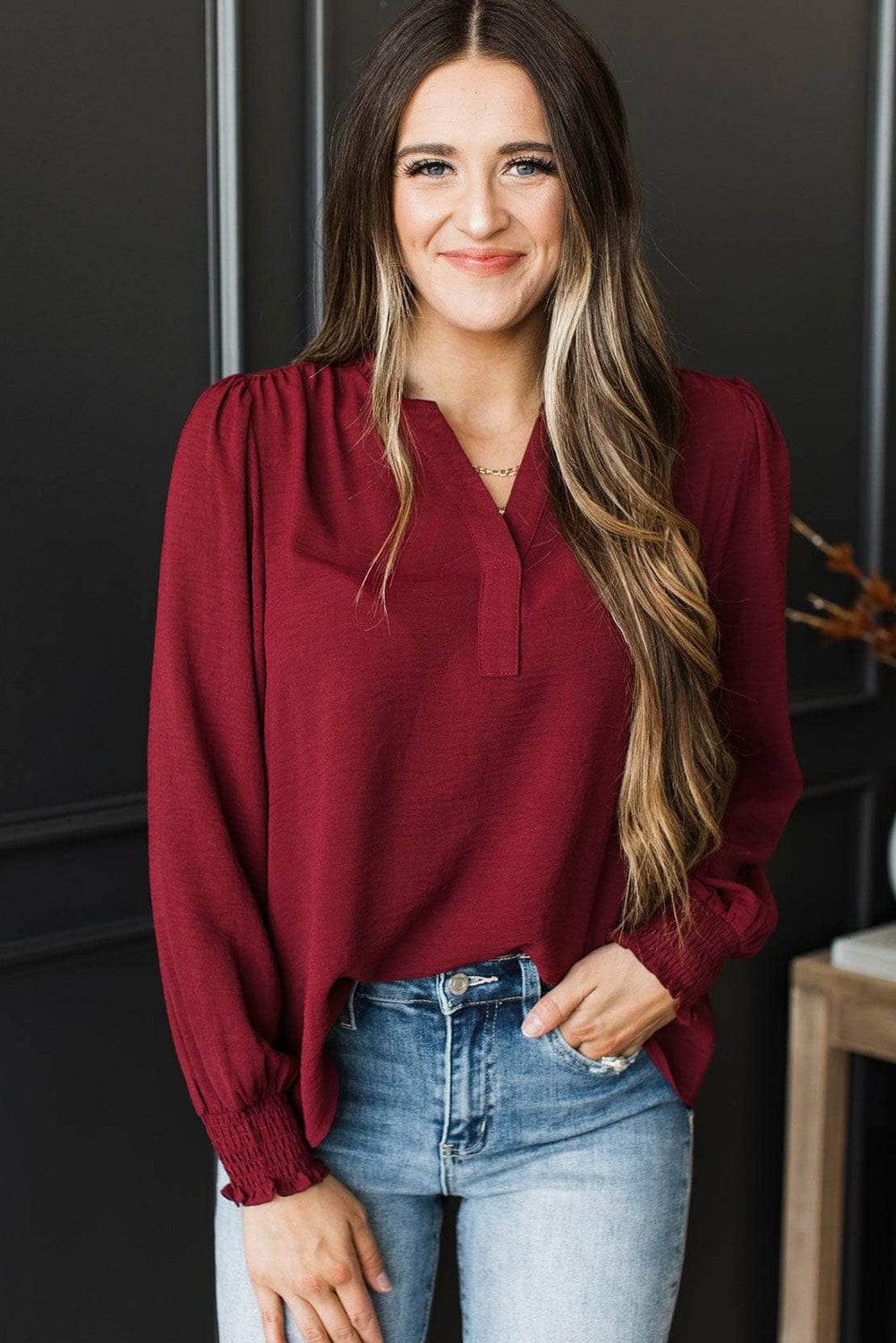 Burgundy Notched Neck Shirred Cuff Long Sleeve Blouse