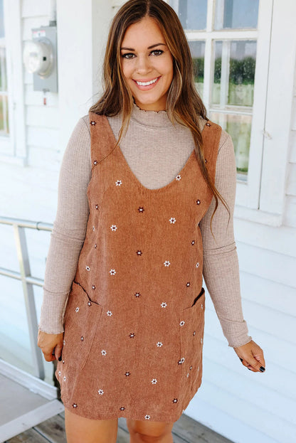 Gold Flame Flower Embroidered Corduroy Overall Mini Dress