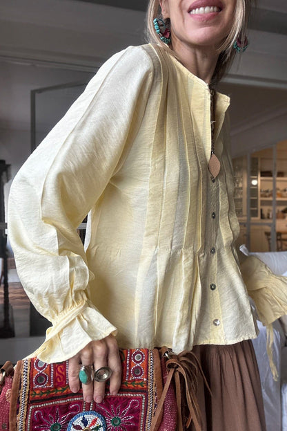 Yellow Cream Pintuck Buttoned Front Decor Ruffled Sleeve Loose Blouse