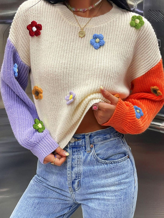 Floral Patchwork Drop Shoulder Knit Sweater with Colorblock Design
