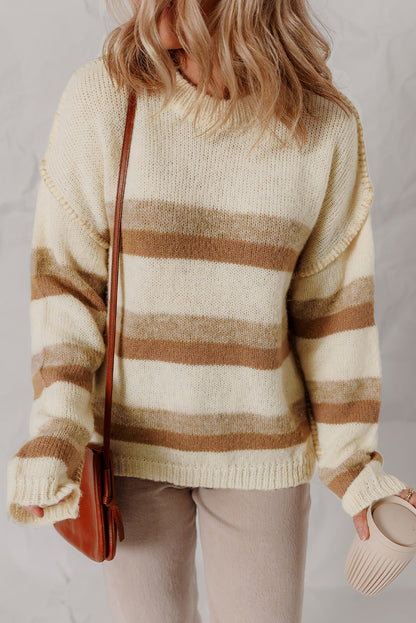 Khaki Stripe Exposed Seam Drop Shoulder Knit Baggy Sweater