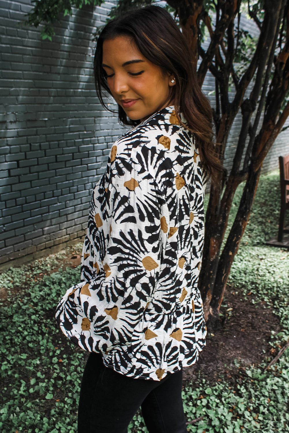 Black Abstract Floral Print Ruffle Hem Long Sleeve Shirt