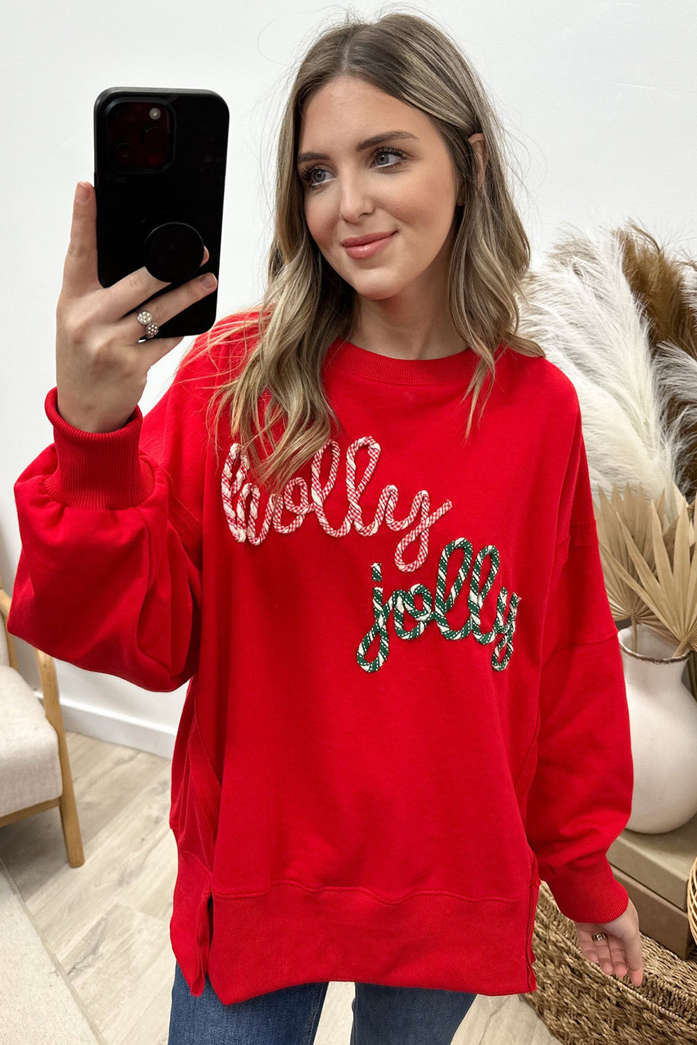 Racing Red holly jolly Playful Letter Embroidered Baggy Sweatshirt
