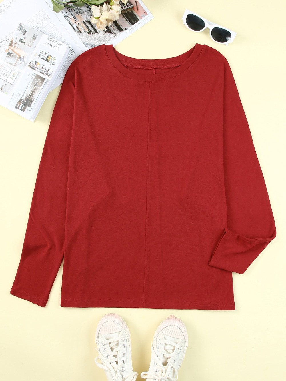 Fiery Red Crew Neck Patchwork Long Sleeve Casual Top