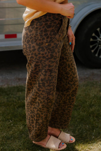 Brown Clear Seam Detail Patchwork Leopard Print Jeans