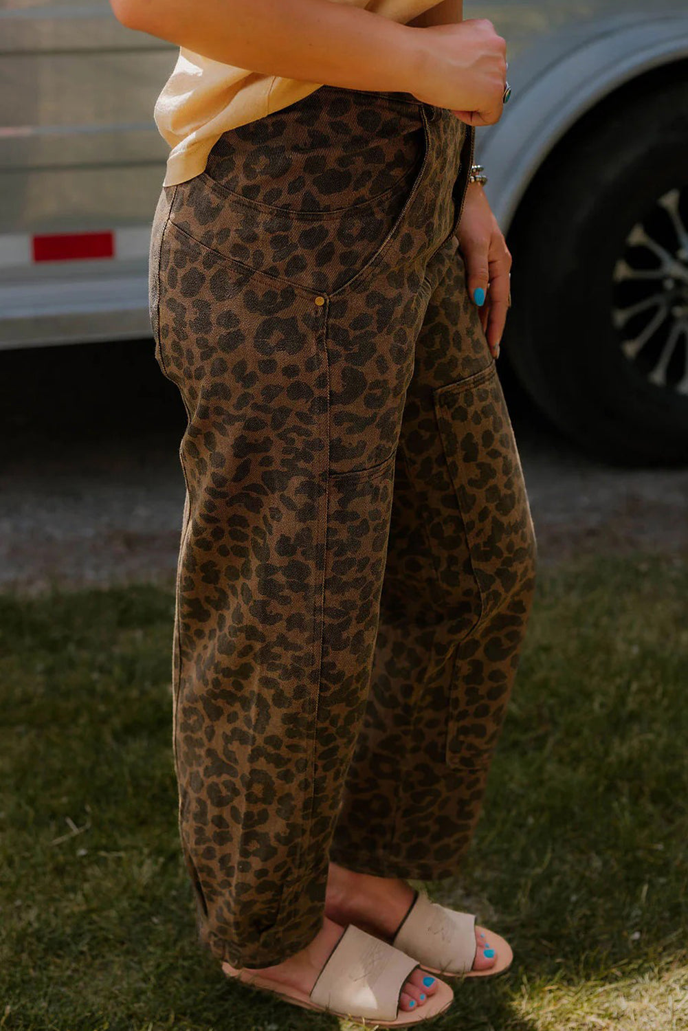 Brown Clear Seam Detail Patchwork Leopard Print Jeans