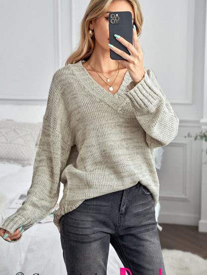 Khaki Drop Shoulder V-Neck Knit Pullover Sweater