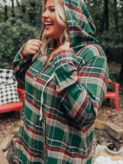 Green Plus Size Plaid Kangaroo Pocket Drawstring Hoodie