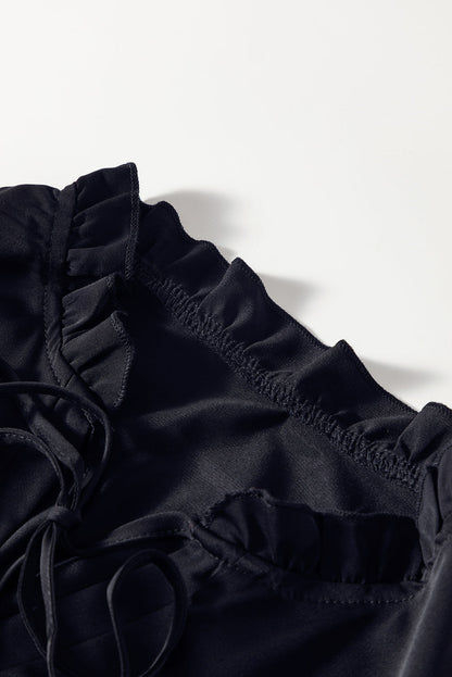 Elegant Black Floral Embroidered Flounce Sleeve Blouse with Split V-Neck