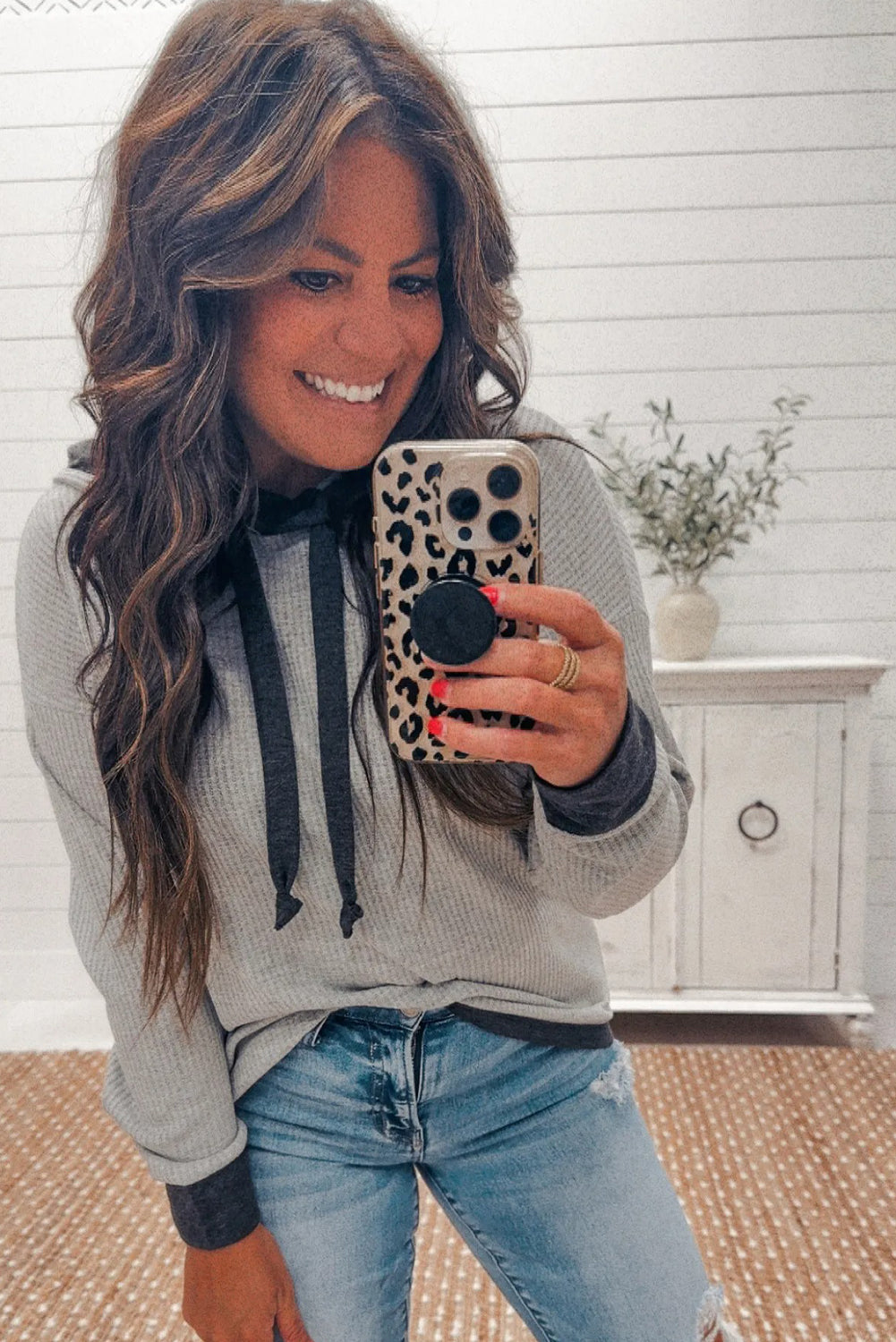 Light Grey Ribbed Knit Contrast Trim Tie Neck Hoodie