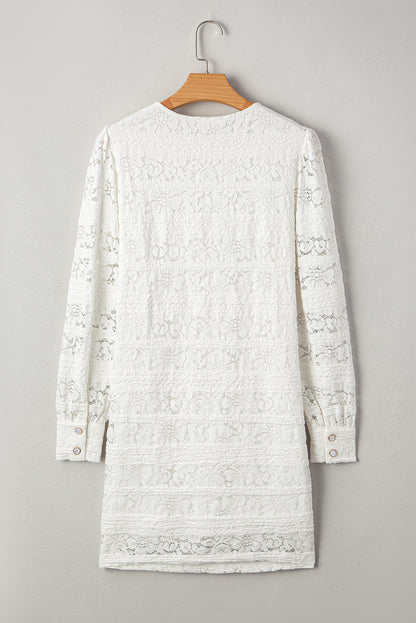 White Lace Crochet Round Neck Puff Sleeve Shift Mini Dress