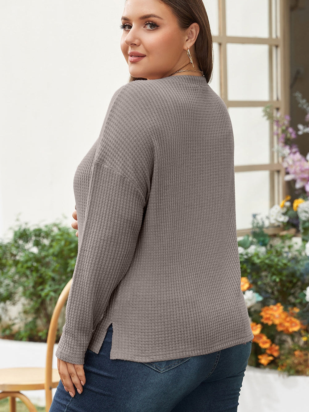 Simply Taupe Waffle Knit Drop Shoulder Button V Neck Plus Size Top