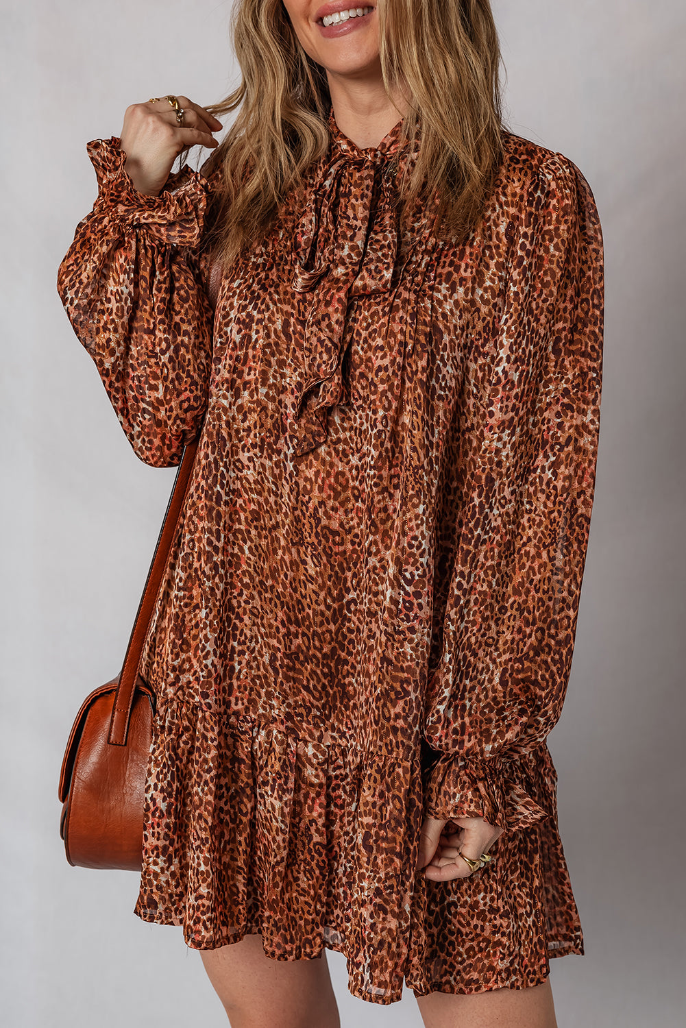 Brown Leopard Print Tie Neck Ruffled Long Sleeve Loose Fit Mini Dress