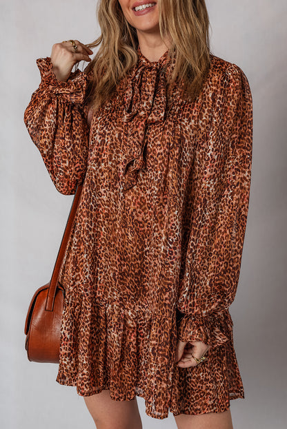 Brown Leopard Print Tie Neck Ruffled Long Sleeve Loose Fit Mini Dress