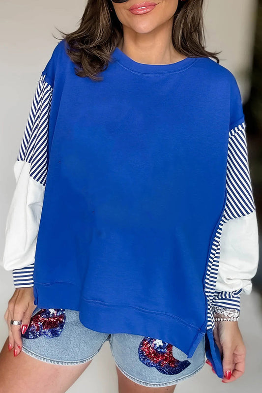Dark Blue Striped Patchwork Sleeve Colorblock Sweatshirt