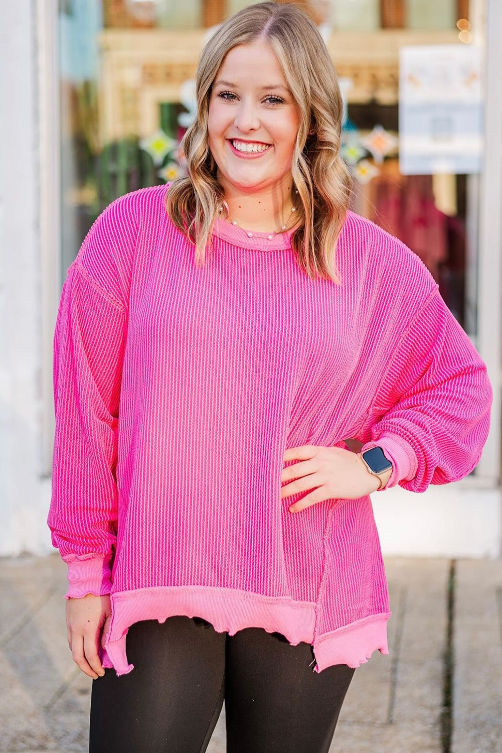 Rose Red Mix Ribbed Texture Contrast Patchwork Plus Size Long Sleeve Top