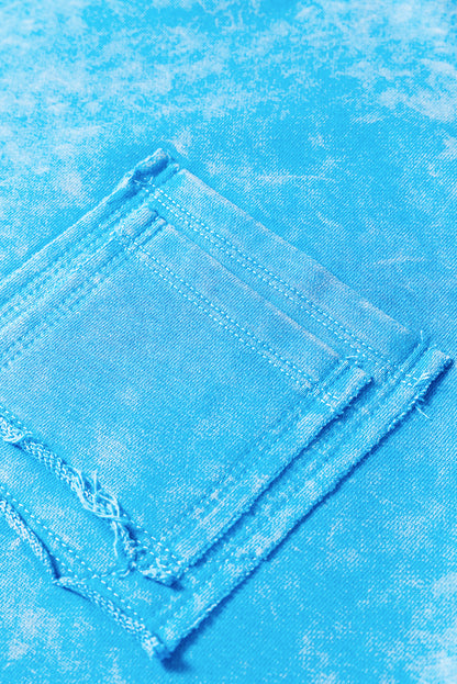 Blue Mineral Wash Raw Seam Double Patched Pocket Drop Shoulder Sweatshirt