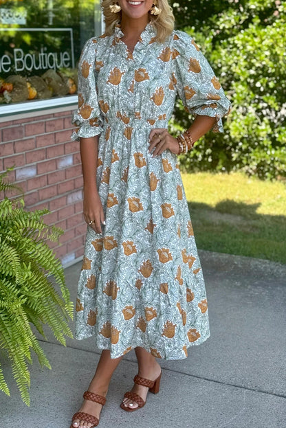 Brown Floral Printed Frilled V Neck Bracelet Sleeve Midi Dress