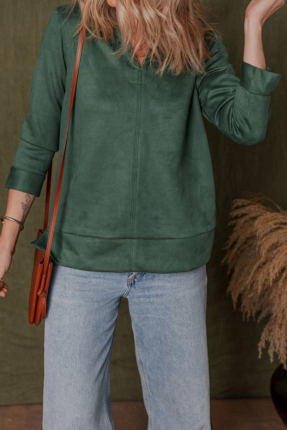 Evergreen Central Seam Detail 3/4 Sleeve Split Neck Top