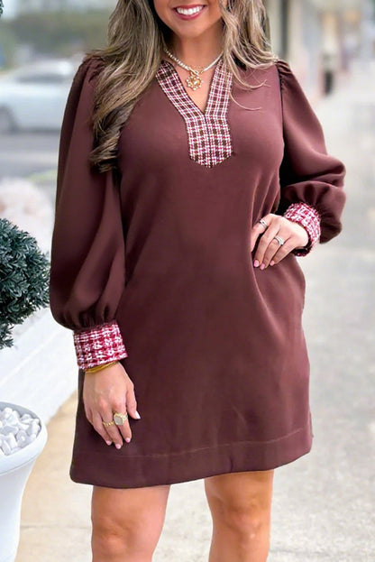 Coffee Contrast Plaid Trim Patchwork Collared Plus Size Shift Mini Dress