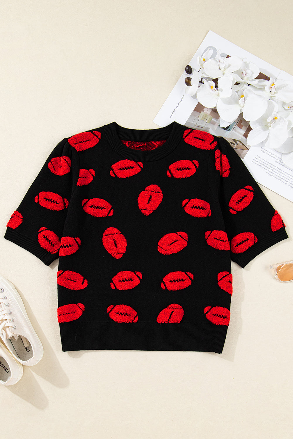 Black Rugby Print Casual Knit Short Sleeve Sweater