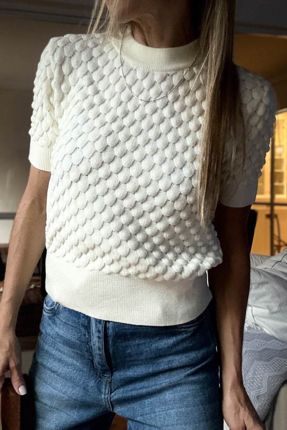 White Fish Scale Textured Knit Ribbed High Neck Short Sleeve Sweater