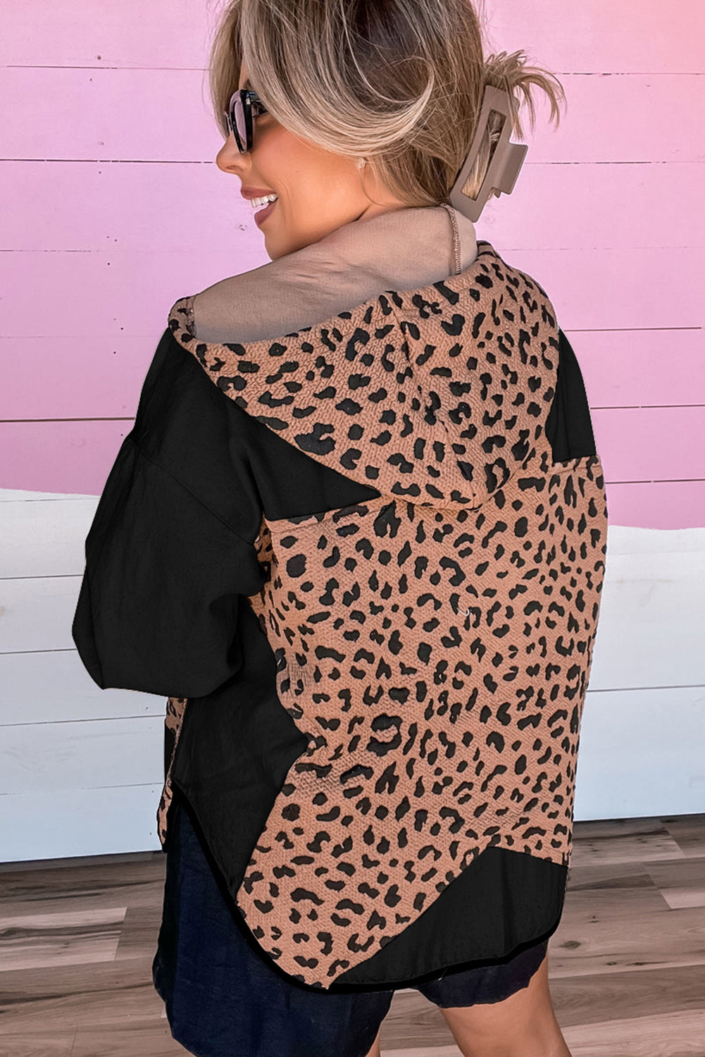 Black Leopard Star Hooded Patchwork Contrast Piping Open Front Jacket