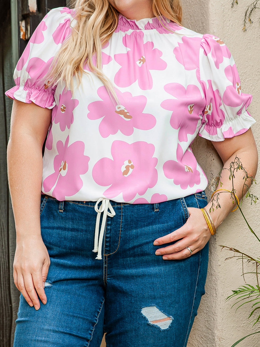 Purple Floral Ruffled Mock Neck Puff Sleeve Plus Size Blouse
