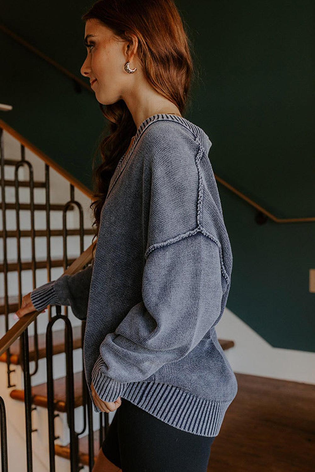 Navy Blue Mineral Wash V Neck Knit Exposed Seam Drop Shoulder Loose Sweater