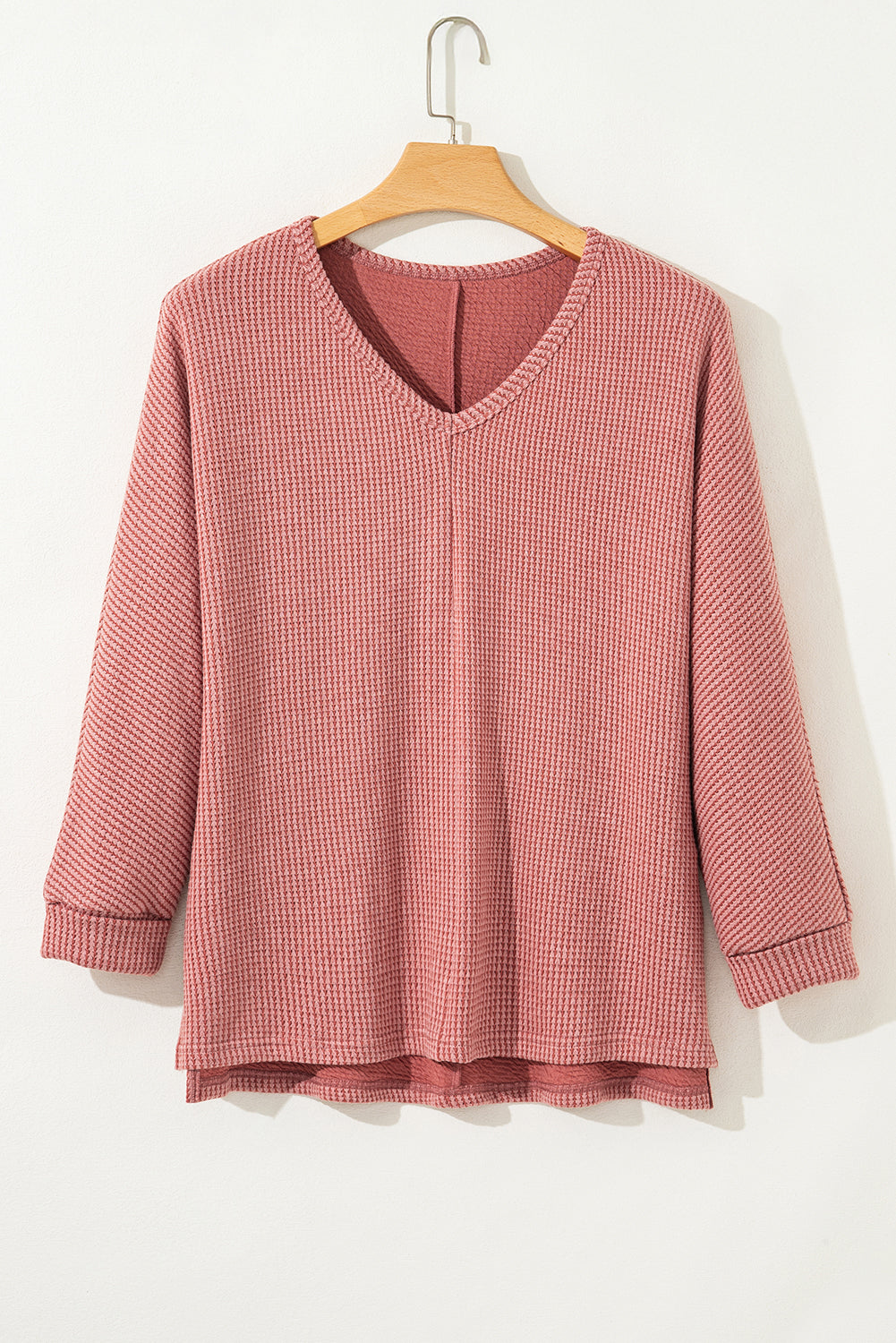 Mineral Red Textured Knit Loose V Neck Tunic Top with Slits