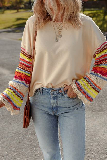 Beige Round Neck Colorful Knit Sleeve Patchwork Top