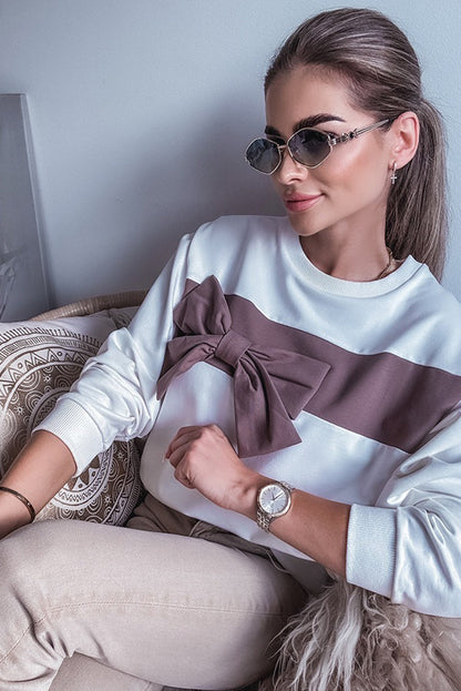 White Color Block Ribbon Bow Patchwork Crew Neck Sweatshirt
