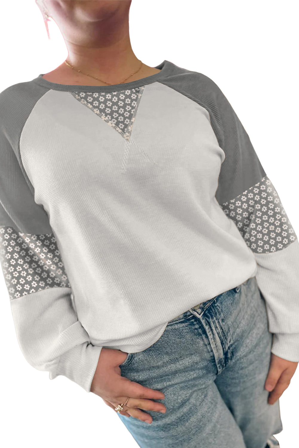 Gray Floral Print Patchwork Color Block Long Sleeve Top