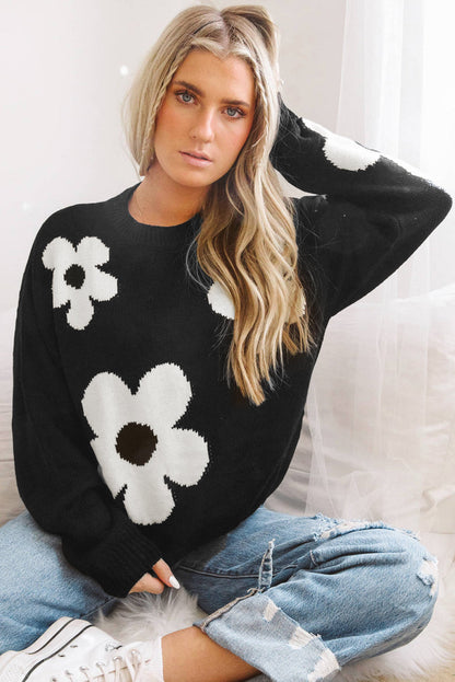 Elegant Black Floral Knit Sweater
