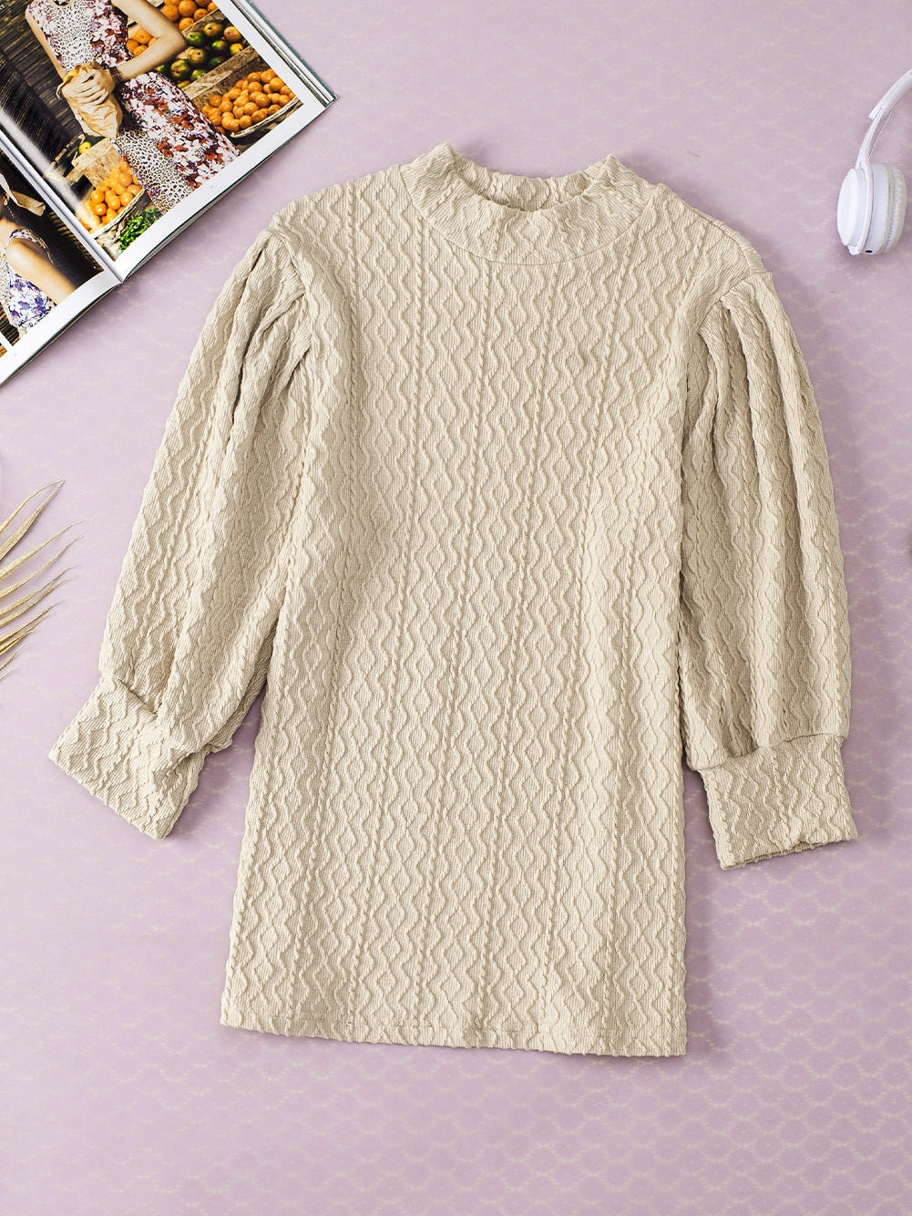 Apricot Textured Vintage Mock Neck Top with Puff Sleeves