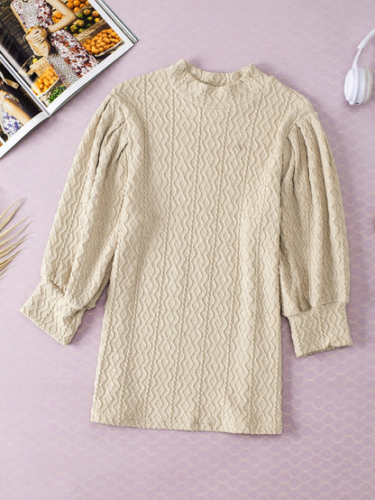 Apricot Textured Vintage Mock Neck Top with Puff Sleeves