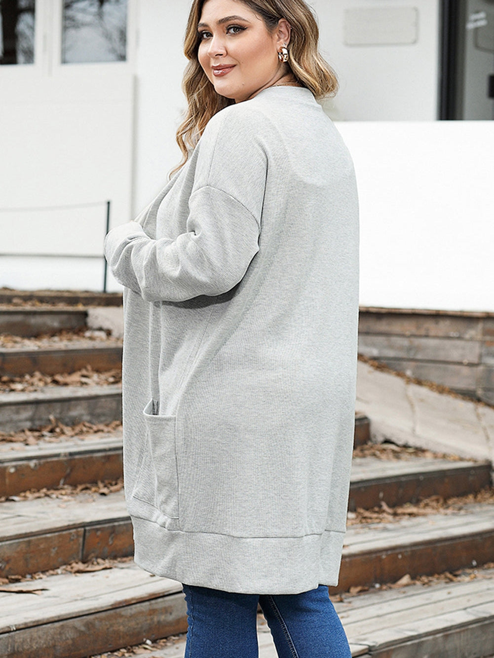 Thermal Knit Pocketed Plus Size Cardigan